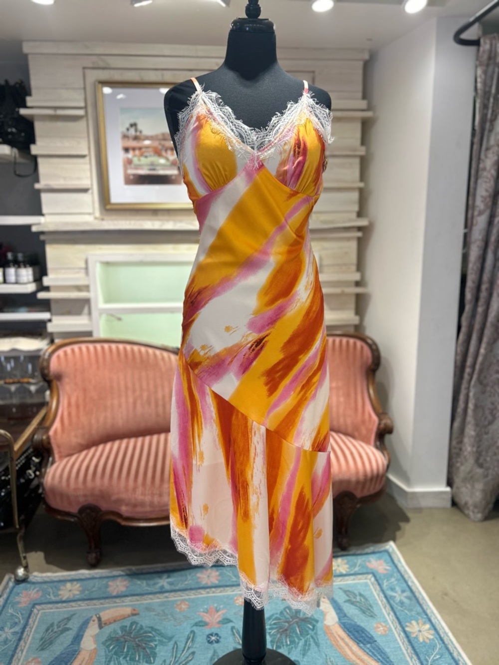 Angel Eye Abstract Slip Asymmetrical Hem Midi Dress (S)